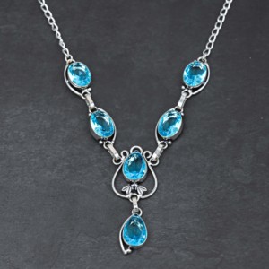 Collier de luxe pour femme, fait main sur mesure, en argent sterling, avec topaze bleue de laboratoire et perle d'eau douce en forme de poire, 18 pouces, cadeau de mariage - Product Image 4