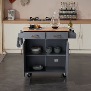 Carrito de Comedor de Dos Puertas y Una Cajón, MDF y Madera de Caucho, Pintura en Aerosol Gris, 99.5*40*85.5cm, Islas y Carritos de Cocina - Product Image 3