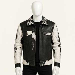 Chaqueta de Cuero Genuino para Hombre, Estilo Motero, con Cierre de Cremallera, Cuello Camisero, Corte Regular, Invierno, Color Sólido, Personalizable - Product Image 1