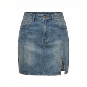 Jupe mini en jean taille haute pour femme avec poches, style décontracté crayon, bleu délavé, toutes saisons - Product Image 1