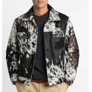 <b>Men's</b> Genuine <b>Leather</b> Cowhide Hair On <b>Jacket</b> Turn-down Collar Zipper Closure Casual Autumn Windproof Style - Product Image 4