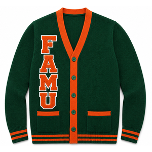 FAMU Custom Green & Orange Acrylic Knit Varsity <b>Cardigan</b> <b>Sweater</b> Chenille Lettering Unisex Sorority Letterman <b>Cardigan</b> - Product Image 1