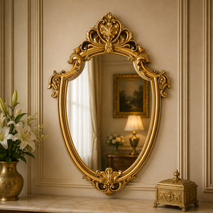 Luxury Heritage Crest Wooden Carving Wall <b>Mirror</b> Handcrafted Premium Decorative Frame Elegant Vintage Bedroom Entryway Decor - Product Image 1