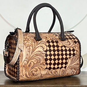 Bolsa de Viaje Grande de Cuero Genuino con Diseño a Cuadros y Grabado en Relieve, Color Bronceado y Marrón, Nueva, Unisex - Product Image 4