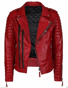 Chaqueta de Motociclista de Cuero PU Roja para Hombre con Cierre de Cremallera y Forro Acolchado, Estilo Biker, Corte Ajustado, para Otoño - Product Image 1
