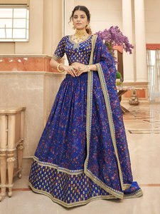 Blue Floral Organza Maxi Lehenga Choli Summer Evening Dress with <b>Sequin</b> Embroidery Dupatta Bollywood Wedding Outfit - Product Image 1