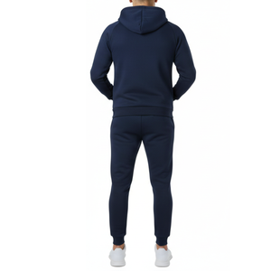 Ensemble de survêtement pour homme bleu marine premium avec sweat à capuche à panneaux V rouge et blanc, tenue de sport deux pièces pour la gym - Product Image 2