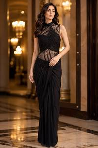 Elegant Magenta <b>Saree</b> With Beaded Blouse For Wedding Women India Pakistan Style Floor Length Polyester Sari - Product Image 3