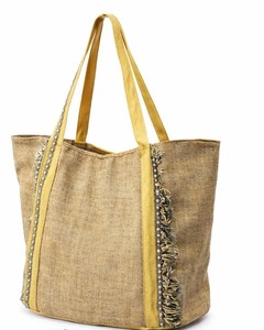 <b>Mustard</b> Embroidered Leaf Tote Bag – Jute Style Boho <b>Handbag</b> with Fringe Detail <b>mustard</b> embroidered tote bag - Product Image 3