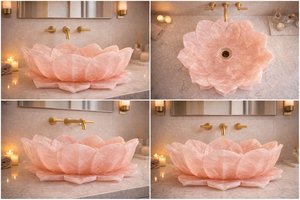 Lavabo de Baño de Cuarzo Rosa con Forma de Flor de Loto, Lavabo de Cristal Rosa de Lujo, Lavabo de Piedra Tallado a Mano, Lavabo de Estilo Spa - Product Image 5