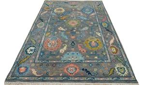Tapis Oushak en laine noué à la main de haute qualité |   Tapis d'appoint oriental fait main de qualité export, motif floral turc gris brun pastel - Product Image 1