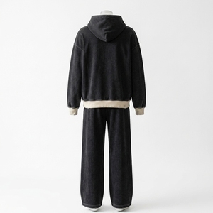 Ensemble survêtement streetwear noir délavé personnalisé avec sweat à capuche oversize et pantalon de jogging large, orné de strass, vente en gros OEM - Product Image 4