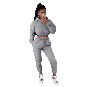 Winter Tracksuit Custom Logo Sweatpants and Sweatshirts Cropped Tops Sweatsuit Set Women Hoodie - Product Image 3