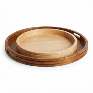 Handcrafted <b>Large</b> Round Solid Wood <b>Tray</b> With Carved Geometric Rim Acacia Decorative <b>Serving</b> Platter For Coffee Table Decor - Product Image 5