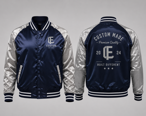 Custom Made Men's Navy Satin Varsity <b>Jacket</b> with <b>Silver</b> Sleeves and Custom Logo Print Preppy Style Autumn Wear - Product Image 5