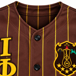 T-shirts de baseball Iota Phi Theta marron doré pour hommes, à manches courtes, boutonnés sur le devant, avec motif rayé et lettres, légers - Product Image 5
