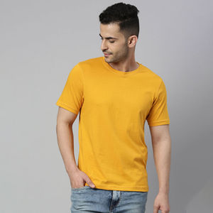 เสื้อยืดคอกลมแขนสั้นทรงปกติสีเหลืองมัสตาร์ดสำหรับผู้ชาย ผ้าถักสีพื้น สไตล์ลำลอง - Product Image 4