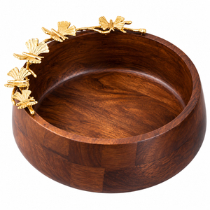 Tazón de Madera Artesanal para Servir con Asa de Metal en Forma de Hoja de Ginkgo Dorada, Tazón Redondo de Madera de Acacia para Ensaladas y Frutas, para Hogar y Hotel - Product Image 5