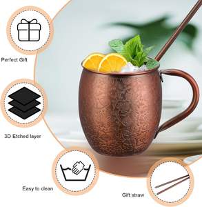 Juego de Tazas Moscow Mule de Cobre Puro de Alta Calidad al por Mayor, Tazas de Cobre Ecológicas con Asa y Pajita para Beber Cerveza, Vino y Cócteles - Product Image 5