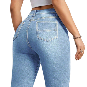 Women's Light Blue Woven <b>Denim</b> Capri Pants High Waist <b>Stretch</b> Skinny Fit Casual Knee Length Button Hem Everyday Wear - Product Image 4