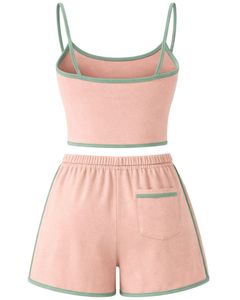 Peach Green Women Camisole And Shorts <b>Set</b> Summer Two Piece Outfit Cotton Blend Crop Top Drawstring Shorts Casual Lounge <b>Set</b> - Product Image 2