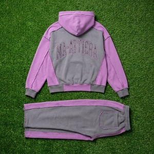 Custom Gray <b>Purple</b> Color Block Hoodie Wide Leg Sweatpants Set Cotton Fleece Streetwear <b>Tracksuit</b> OEM Wholesale - Product Image 6