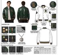 Veste universitaire en cuir vert brillant pour homme, col côtelé, broderie chenille, personnalisable, en peau de mouton gaufrée façon croco, fabrication OEM