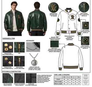 Veste universitaire en cuir vert brillant pour homme, col côtelé, broderie chenille, personnalisable, en peau de mouton gaufrée façon croco, fabrication OEM - Product Image 2