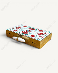 Pochette en marbre blanc naturel |   Minaudière artisanale à incrustations florales |   Sac de soirée de luxe pour mariée, sac de créateur orné de pierres pour femme - Product Image 4