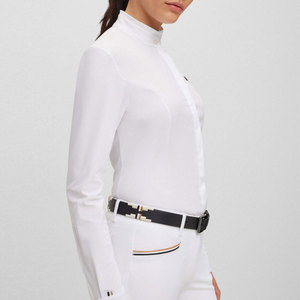 Chemise d'équitation en popeline blanche pour femme, manches longues, col montant, respirante, fermeture boutonnée avec détail ceinture - Product Image 3