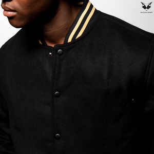 Premium Black Varsity Jacket Men Gold Striped Ribbing Letterman Jacket Minimalist Blank Baseball Bomber Jacket Plus Size Wear - Product Image 5