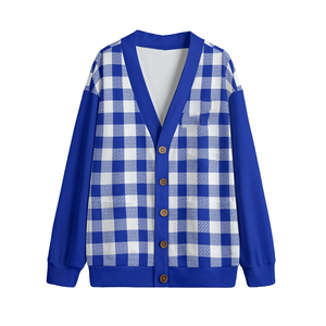 Cárdigan de punto de lana azul y blanco Beta Phi Sigma con cuello en V, cierre de botones, ajuste relajado, manga larga, liso, para invierno - Product Image 1