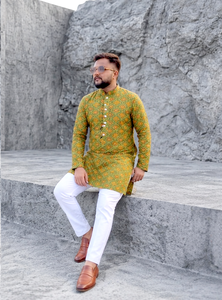 Kurta Estampada para Hombre con Pantalones Blancos, Ropa Étnica Tradicional, Atuendo Informal de Algodón, Corte Regular, Estilo India-Pakistán - Product Image 3
