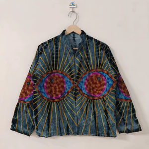 Veste d'hiver pour femme en velours brodée à la main avec motif œil turc, réversible, respirante, écologique, à manches courtes, idéale comme cadeau - Product Image 1