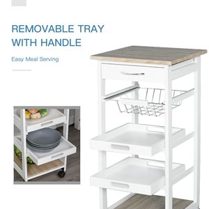 Carrello da Cucina Bianco Antico/Moderno con Cassetti, Ripiani e Cesto, Costruzione in Legno Massello - Product Image 4
