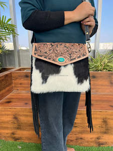 New Personalized <b>Large</b> Capacity 2-Piece Combo Set Hand Tooled Cowhide Leather Handbag & Wristlet Clutch New Design Durable Sets - Product Image 5