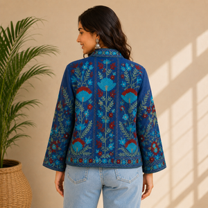 Chaqueta Acolchada de Algodón Bordada para Mujer, con Estampado Floral, Cuello Mao, Manga Farol, Estilo Boho Casual de Invierno, de Secado Rápido - Product Image 6