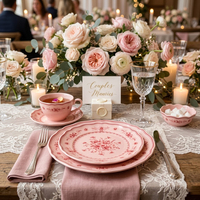 Service de vaisselle en céramique rose et rouge à motif floral style campagne française, assiettes en porcelaine vintage décorées pour fêtes, hôtels, banquets et vente au détail