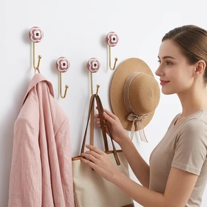 Ceramic Flower Wall <b>Hook</b> Gold Metal <b>Coat</b> Hanger Retro Style <b>Single</b> <b>Hook</b> for Clothing Wall Mounted Installation Waterproof - Product Image 2