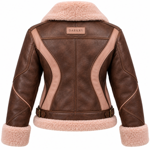 <b>Womens</b> Brown Blush Pink Genuine Sheepskin Leather Shearling <b>Jacket</b> Plush <b>Fleece</b> Lapel Buckled Strap Winter <b>Warm</b> Coat - Product Image 2