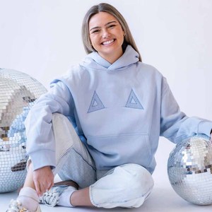 <b>Light</b> Blue Oversized Hoodie With Embroidered Geometric <b>Triangles</b> Front Logo Casual Unisex Sweatshirt Autumn Wear - Product Image 1