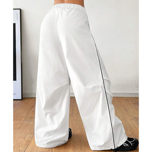 Pantalones anchos blancos para hombre con rayas laterales, cintura elástica con cordón, informales, transpirables, ligeros, de algodón, antiarrugas - Product Image 2