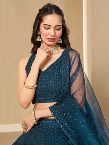 Blue Satin <b>Sequin</b> Embroidered A-Line Maxi Traditional Evening Dress V-Neck Sleeveless Party Wear Bridal Event Outfit - Product Image 2