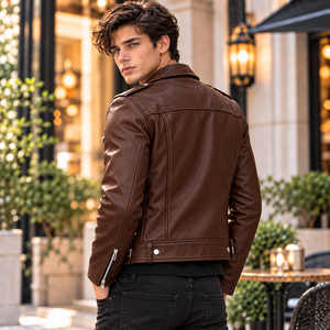 Chaqueta de Cuero Genuino para Hombre, Estilo Motero, Color Marrón, Corte Ajustado, Estilo Vintage Punk Rock, con Cierre, para Motociclismo y Trabajo - Product Image 1