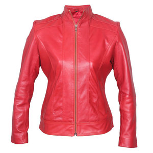 Chaqueta de motociclista de cuero genuino de oveja roja para mujer, con cremallera, cuello vuelto, estilo moderno. - Product Image 4