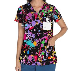 Unisex Customized Printed Scrub Top Short Sleeve V-Neck Polyester Woven Hospital Uniform Blouse with <b>Name</b> <b>Tag</b> Pocket - Product Image 2