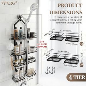 Portaoggetti da doccia a 4 livelli regolabile in acciaio inossidabile con soffione doccia a mano per organizzare gli scaffali del bagno - Product Image 3