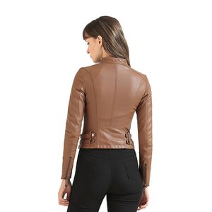 Veste en cuir pour femme, vente en gros, OEM, ODM, marque privée, fermeture éclair unie, coupe ajustée, veste en cuir PU pour femme - Product Image 2