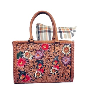 Top Quality Leather Full Hand Tooled Colored Sunflower Shoulder Bag Western Style Cowgirl Bag Custom Made Women <b>Tote</b> Bag Supply - Product Image 2