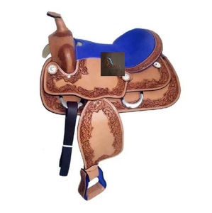 Western Tan <b>Leather</b> Floral Hand <b>Tooled</b> Barrel Racing Horse Saddle Flower Conchos Blue Suede Seat With Tack Set 10" 18" Inch - Product Image 1